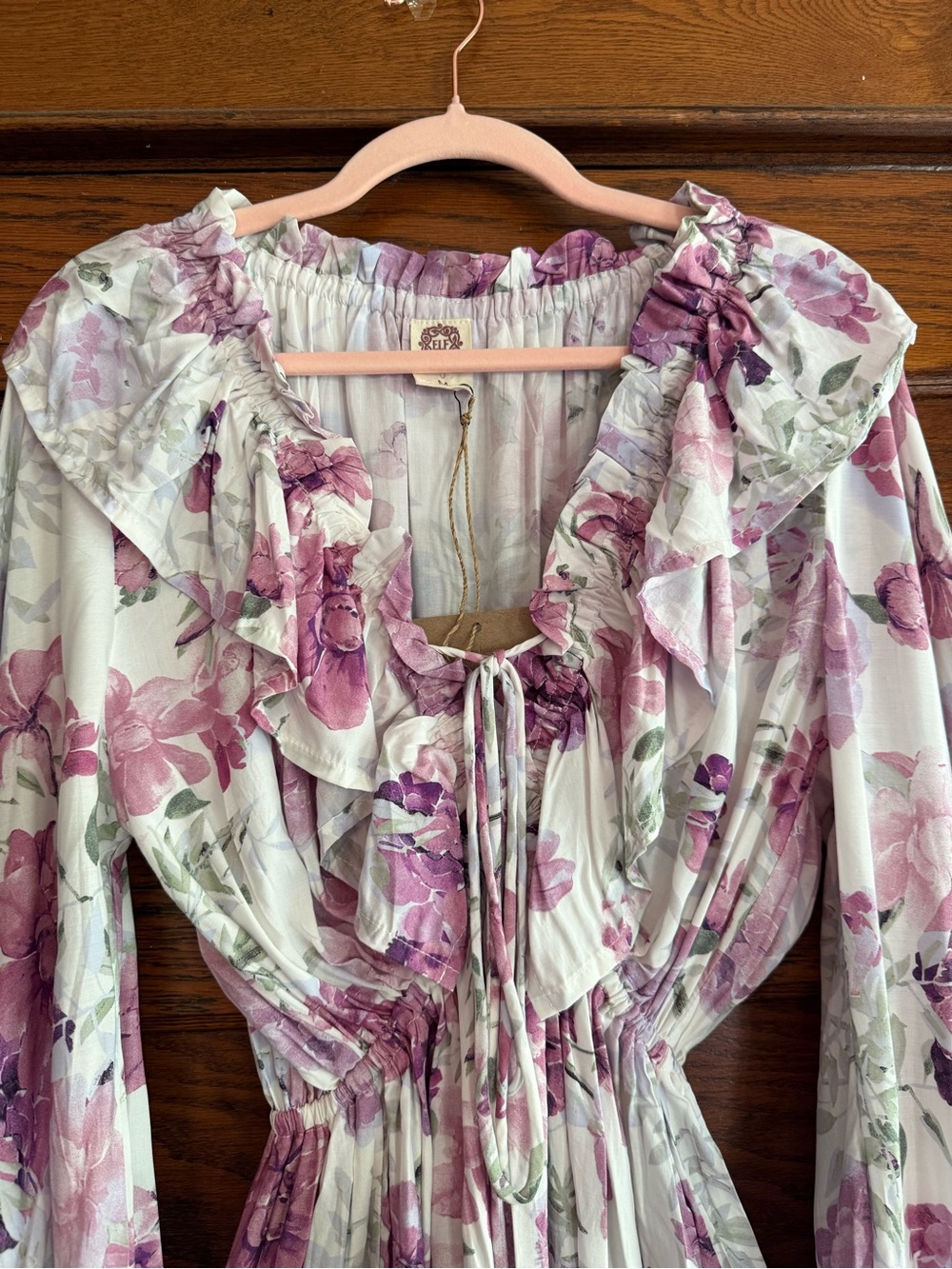 NWT BALI ELF Balloon Sleeve Ruffle V Neck Mini Dress Flowy Floral Alice US M - Picture 6 of 16